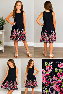 Pink & Violet Girls Dress Size L 10/12 Black Floral Sleeveless A-Line